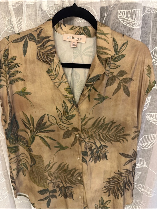 Philosophy Tops - Philosophy Beige Button-Front Shirt with Green Botanical Print